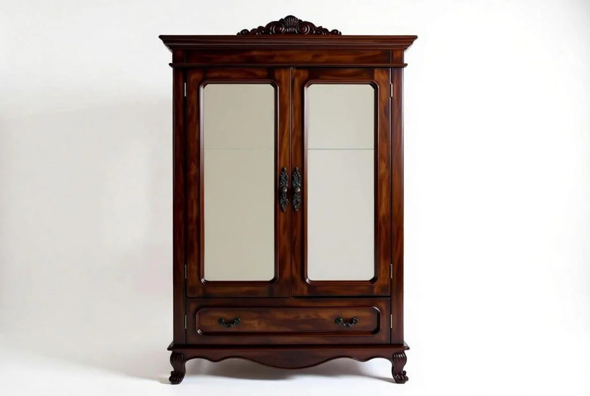 Front view of a traditional 2-door wooden armoire featuring full-length mirrors and a bottom storage drawer.