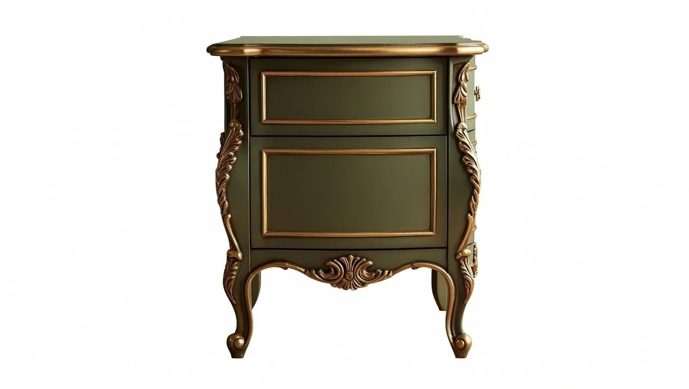 "Elegant curved bedside table with two drawers and antique gold hardware