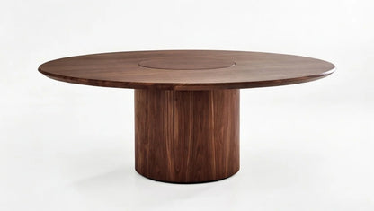 Luxury round walnut dining table with smooth edge and centered circular inlay detail, rich natural grain pattern, minimalist pedestal base