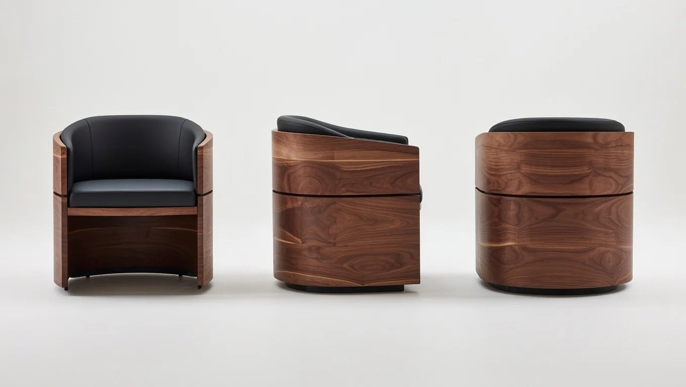 Modern walnut swivel armchair with curved barrel-shaped frame, padded black leather seat and back, sculptural solid walnut construction – front, side, and angled views
