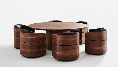 Contemporary round walnut dining table with cylindrical pedestal base, surrounded by six curved barrel swivel chairs in black leather, set in a spacious minimalist living-dining room with large windows and natural light