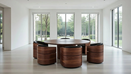 Contemporary round walnut dining table with cylindrical pedestal base, surrounded by six curved barrel swivel chairs in black leather, set in a spacious minimalist living-dining room with large windows and natural light