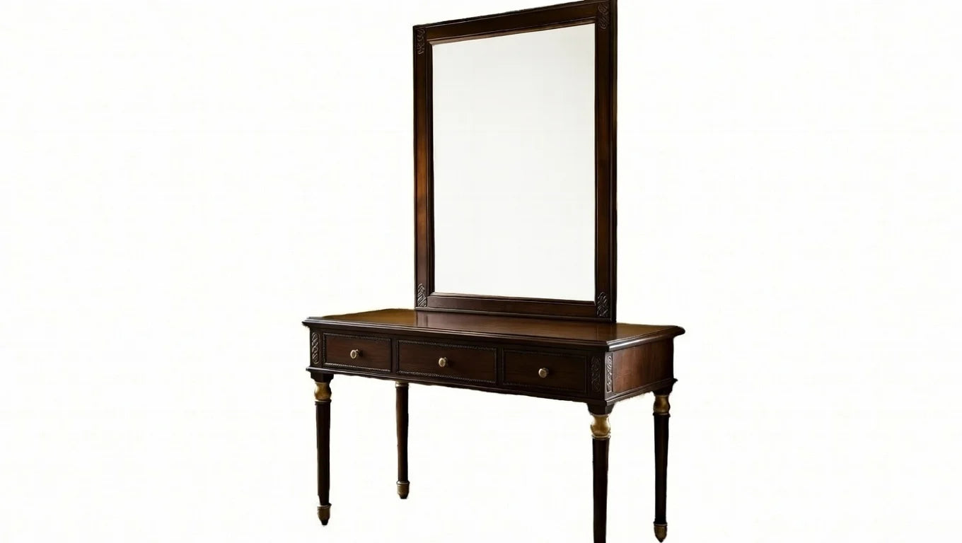 Contemporary teak wood dressing table with mirror for luxury bedroom set in rich dark finish