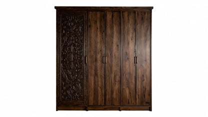 Intricate hand-carved 4-door teak wood almirah wardrobe from contemporary bedroom set