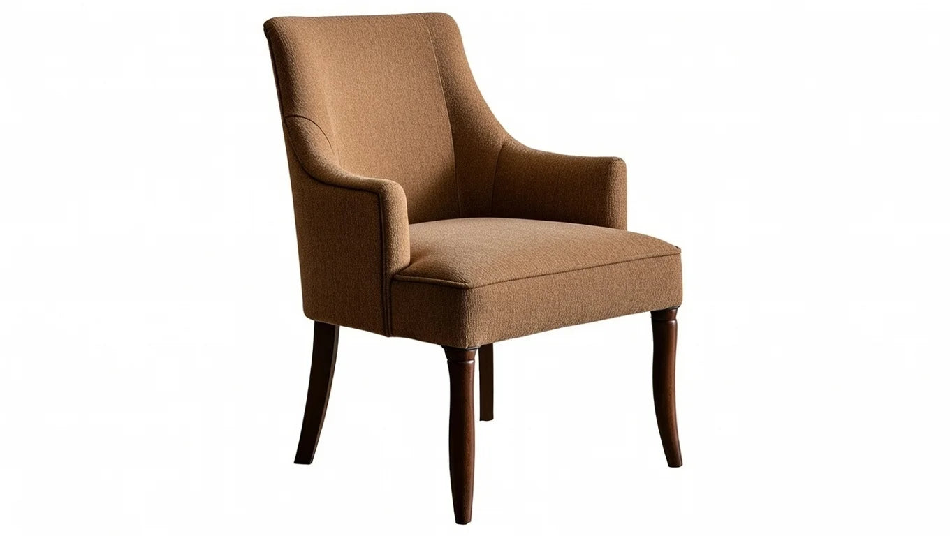 Elegant upholstered accent chair in warm fabric with teak wood legs from contemporary bedroom collection