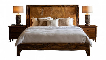 Upholstered king size bed with teak wood frame and matching nightstands in contemporary bedroom set