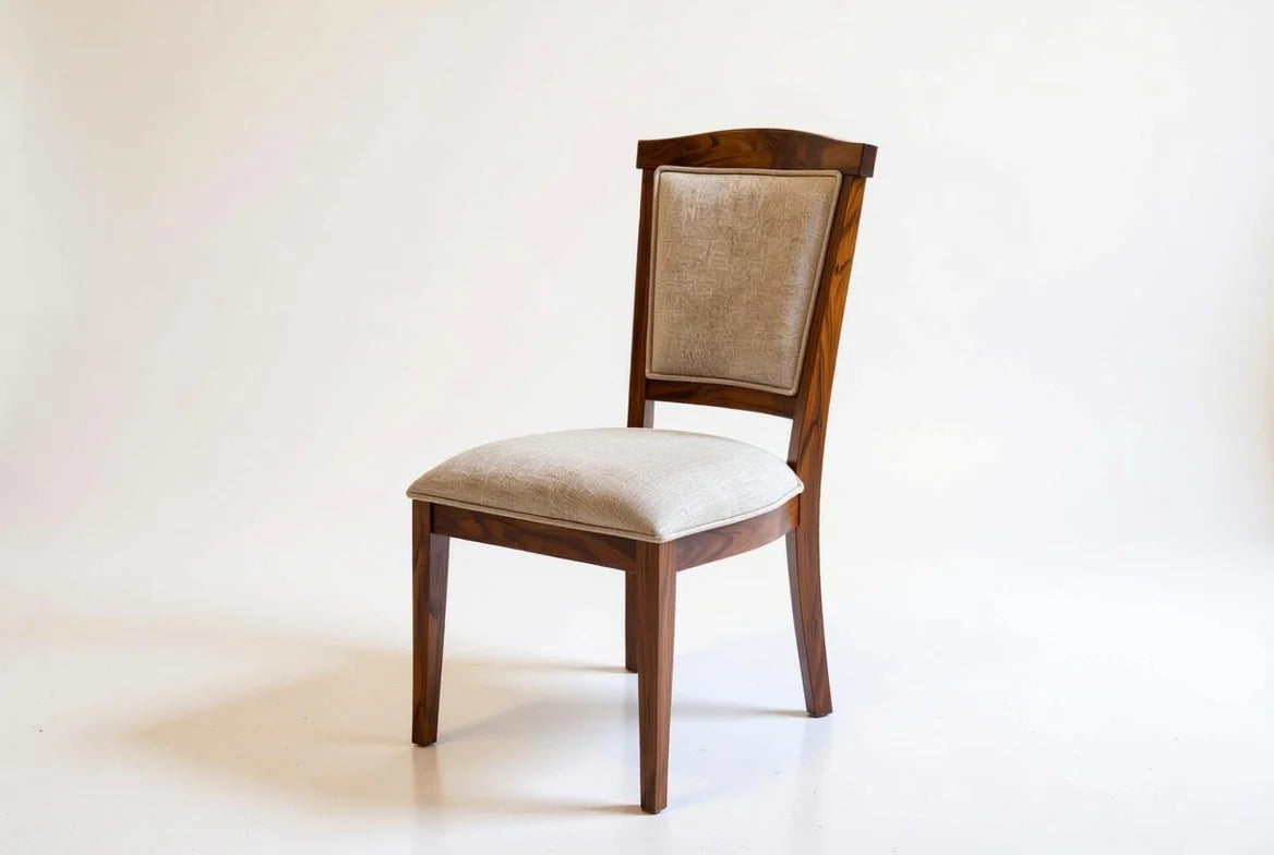 Tall slatted back dining chair in solid sheesham wood with padded beige upholstered seat, mission style farmhouse design, rich walnut tone