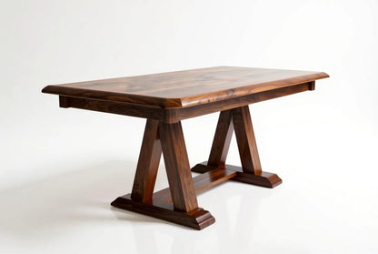 Handcrafted rectangular solid rosewood dining table with mission-style trestle base and natural walnut finish, heirloom quality sheesham wood furniture