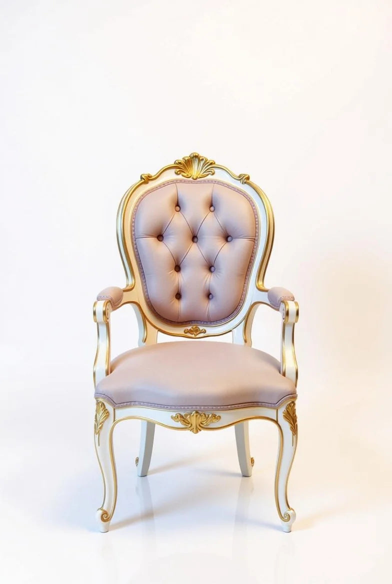 Luxurious Louis XV style cream & gold armchair featuring button-tufted beige seat, rococo shell crest, and hand-carved gilded frame – elegant Baroque dining chair