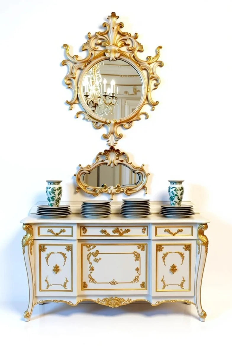 French Baroque cream & gold console table topped with ornate rococo mirror, displaying vases and plates – luxurious Louis XV hallway or dining accent