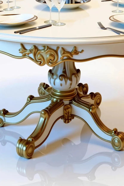 Detailed view of hand-carved gold gilded pedestal base and rococo apron on cream white round dining table – French Baroque Louis XV luxury furniture