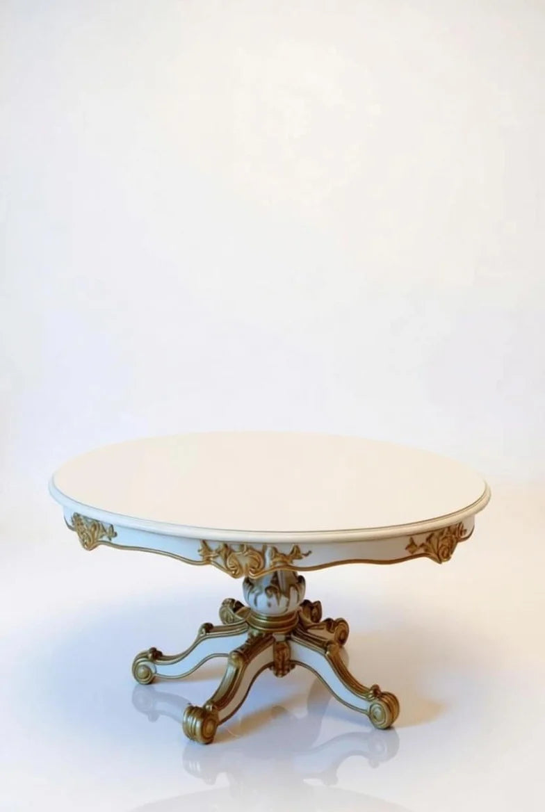 Creamy white round dining table top with polished finish and ornate gold leaf edge detailing – French Louis XV Baroque style centerpiece