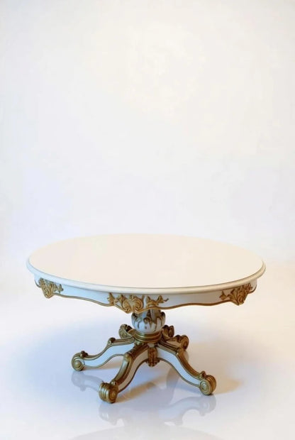 Creamy white round dining table top with polished finish and ornate gold leaf edge detailing – French Louis XV Baroque style centerpiece