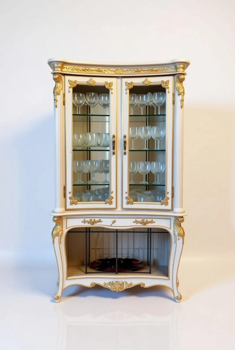 Tall cream white and gold curved vitrine cabinet with glass doors, multiple shelves, and hand-carved gilded rococo details – French Baroque Louis XV display armoire