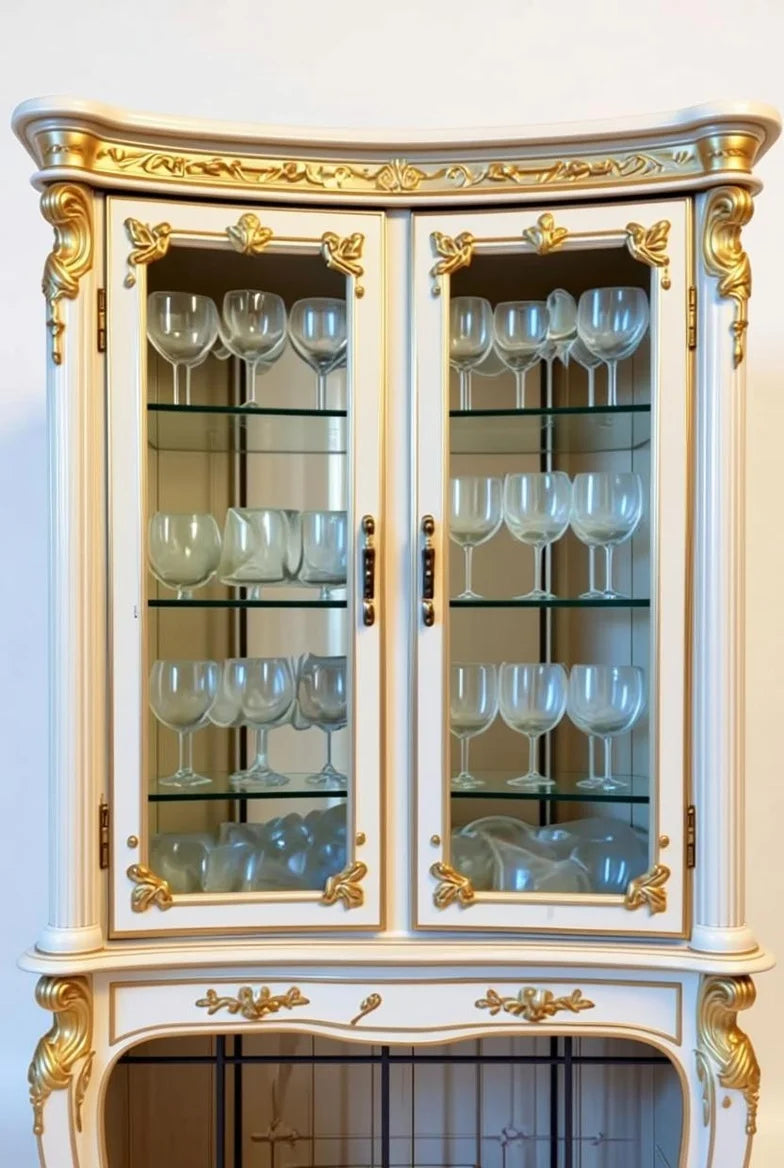 Tall cream white and gold curved vitrine cabinet with glass doors, multiple shelves, and hand-carved gilded rococo details – French Baroque Louis XV display armoire