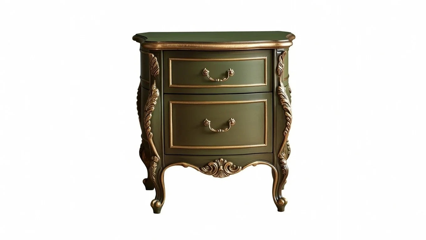 "Elegant curved bedside table with two drawers and antique gold hardware