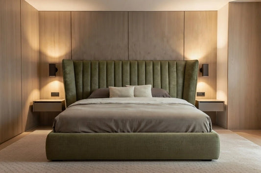 Contemporary upholstered shelter panel bed in solid wood with tall wingback headboard and low platform base, luxury modern bed frame