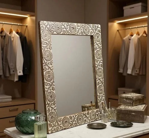 Ivoria Bloom Mirror – Hand Carved Floral Wooden Dressing Table Mirror | Handcrafted Luxury Vanity Mirror in Ivory White | Classic Bedroom Décor