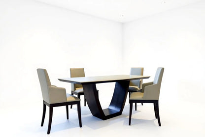 Edgecraft modern rectangular solid Sheesham wood dining table with sculptural dark U-base and 4 beige upholstered armchair
