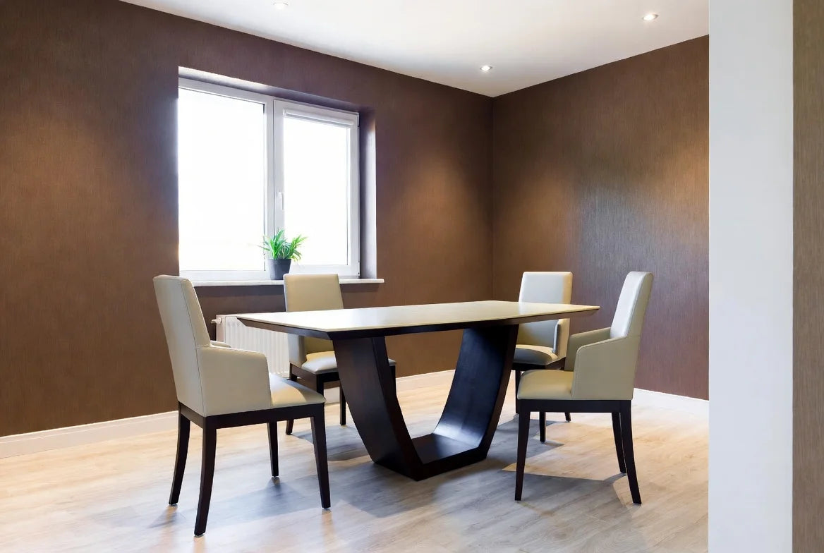 Edgecraft modern rectangular solid Sheesham wood dining table with sculptural dark U-base and 4 beige upholstered armchairs in contemporary dining room