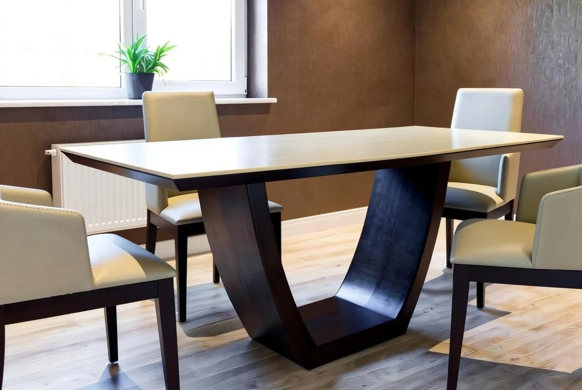 Edgecraft contemporary dining table in rich Sheesham wood with unique flowing dark pedestal base and 4 elegant beige upholstered armchairs