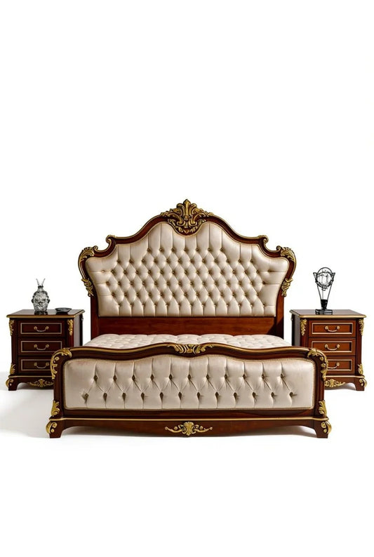 Elite Palace King Size Tufted Bed with Nightstands -| Hand Carved | Mahogany| Luxury|