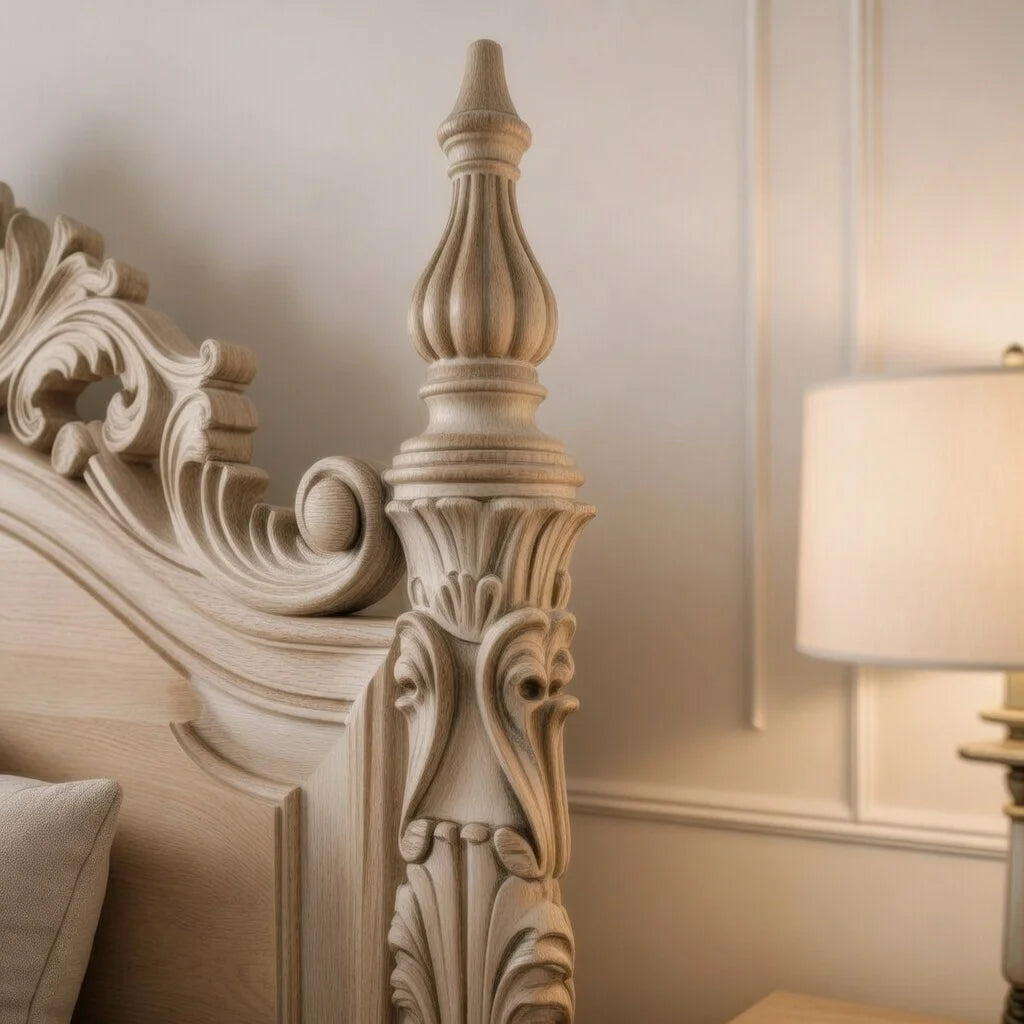 Close-up of an ornate wooden headboard with a soft focus background