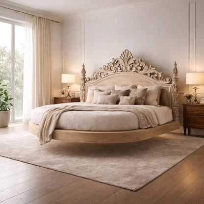 Luxury ornate handcarved solid wood floating bed frame with decorative headboard and platform base
