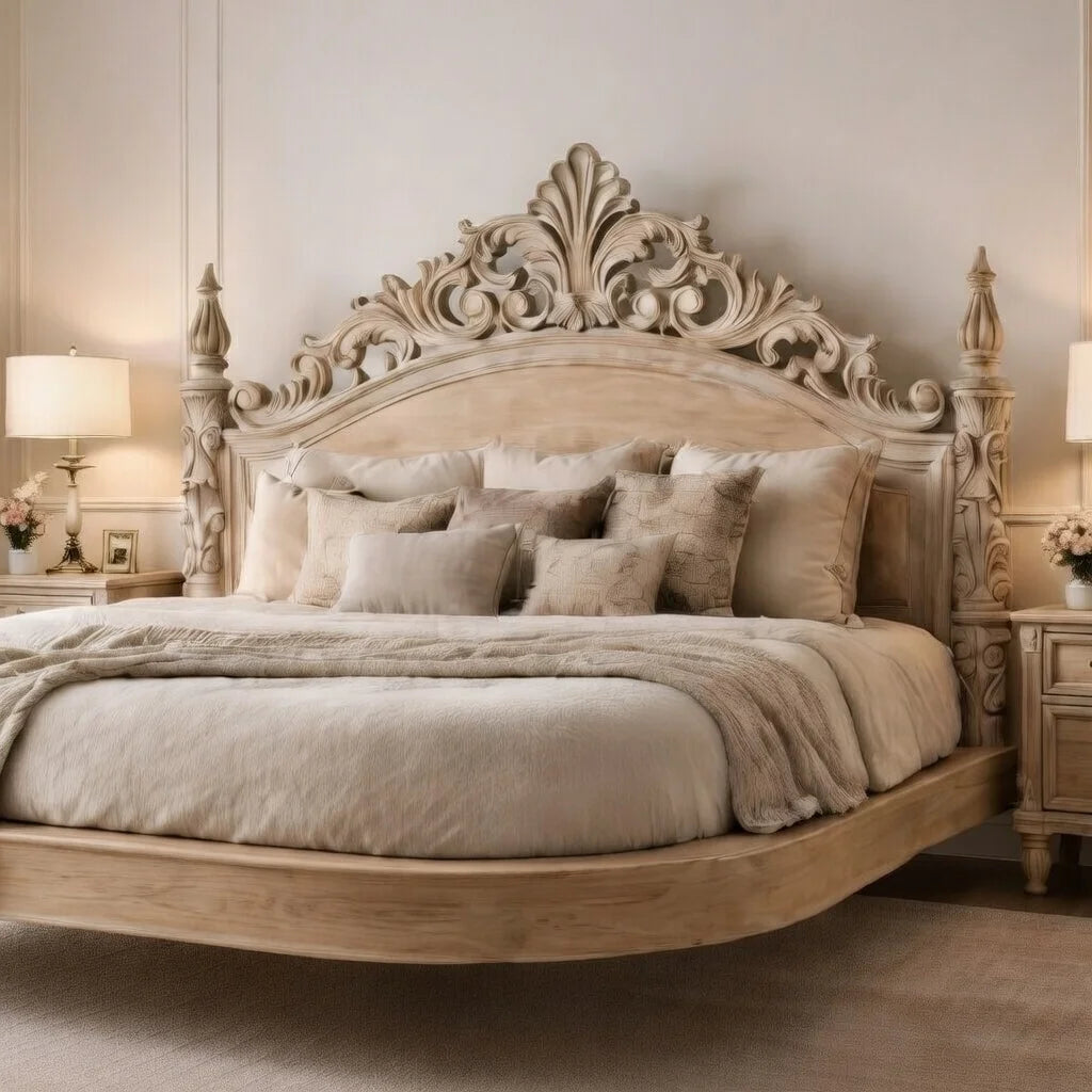 Traditional luxury master bedroom featuring ornate solid wood floating bed frame with carved detailing