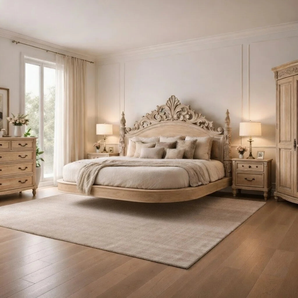 Ornate handcarved solid wood floating bed frame with decorative headboard, luxury platform bed for elegant master bedroom