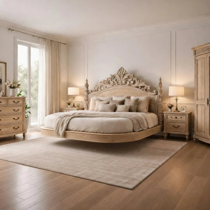 Ornate handcarved solid wood floating bed frame with decorative headboard, luxury platform bed for elegant master bedroom