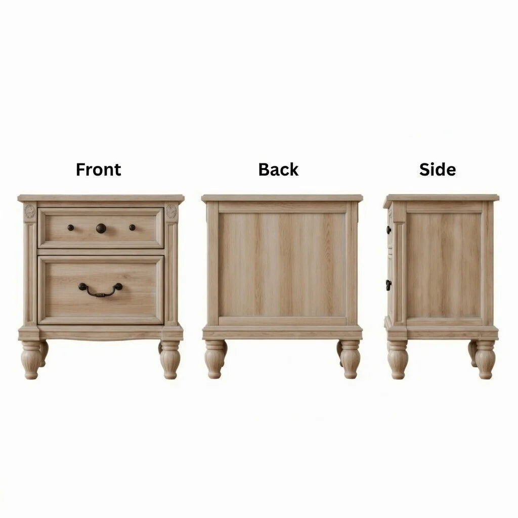 Wooden nightstand shown from front, back, and side views on a white background.