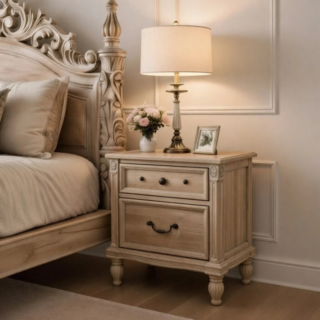 Wooden nightstand with lamp and decor next to an ornate bed in a bedroom.