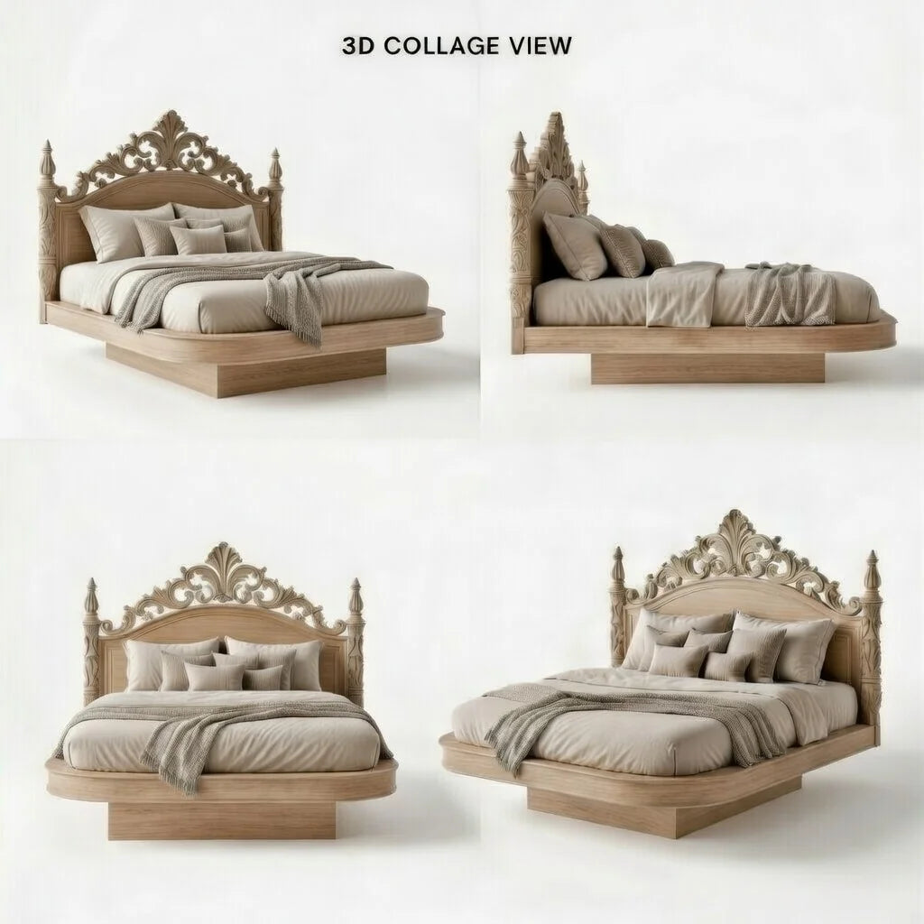 Solid wood floating bed frame with ornate handcarved headboard on neutral background 3d collage view