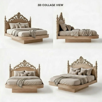 Solid wood floating bed frame with ornate handcarved headboard on neutral background 3d collage view