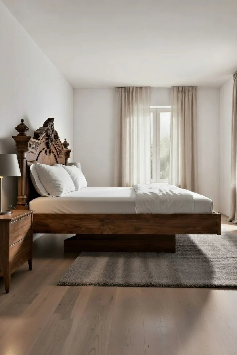 Solid wood floating platform bed with carved headboard in modern minimalist bedroom interior, side profile view