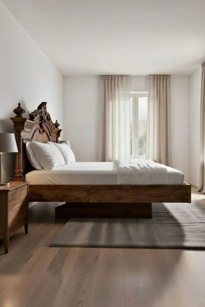 Solid wood floating platform bed with carved headboard in modern minimalist bedroom interior, side profile view