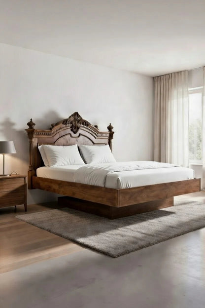 Classic solid wood floating bed frame with ornate hand-carved headboard