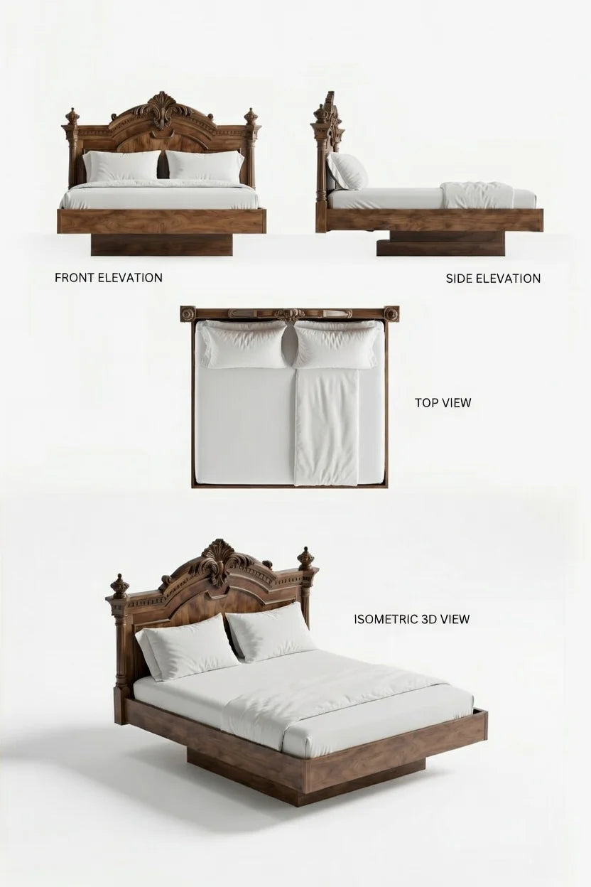 Solid wood floating platform bed with architectural base and carved traditional headboard, front and side elevation views