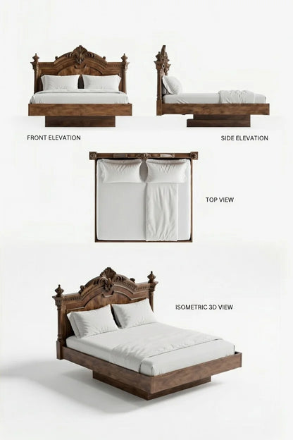 Solid wood floating platform bed with architectural base and carved traditional headboard, front and side elevation views