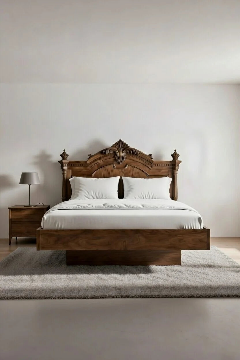 Luxury solid wood floating bed frame with hand-carved classic headboard in a minimalist bedroom setting