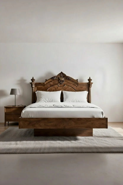 Luxury solid wood floating bed frame with hand-carved classic headboard in a minimalist bedroom setting