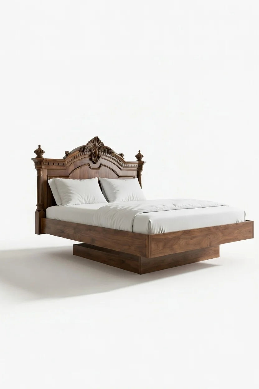 Classic solid wood floating bed frame with ornate hand-carved headboard shown in isometric 3D perspective