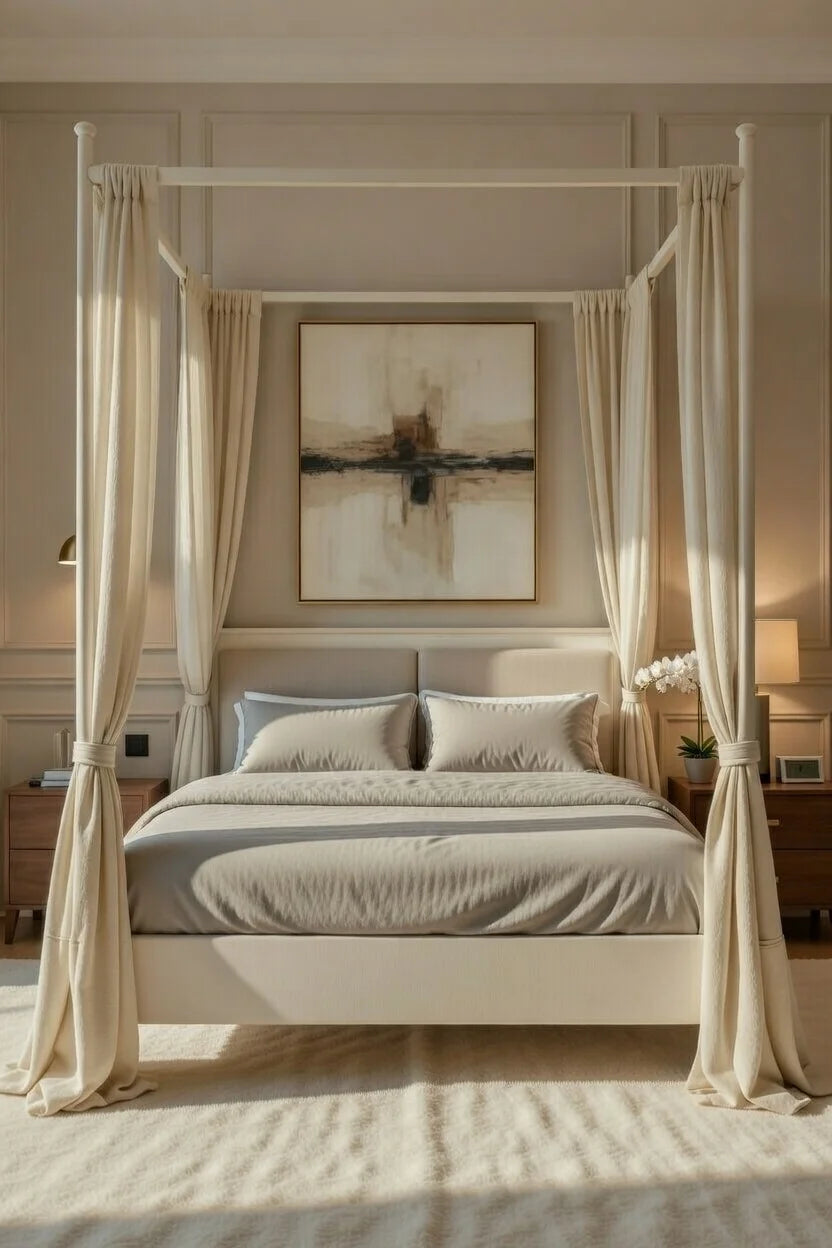 Modern floating canopy bed with four poster frame and soft fabric drapes in a contemporary luxury bedroom