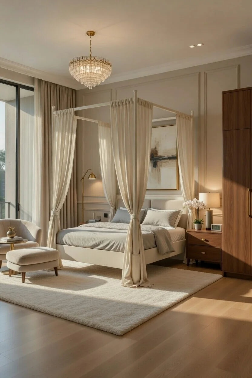 Side view of modern floating four poster bed showing suspended platform design and clean lines
