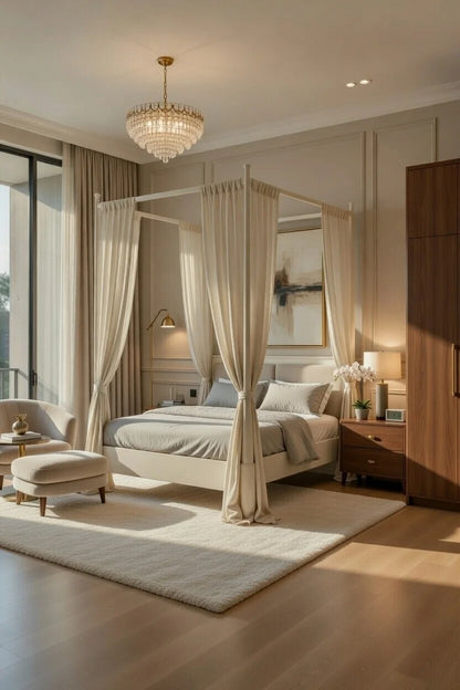 Side view of modern floating four poster bed showing suspended platform design and clean lines