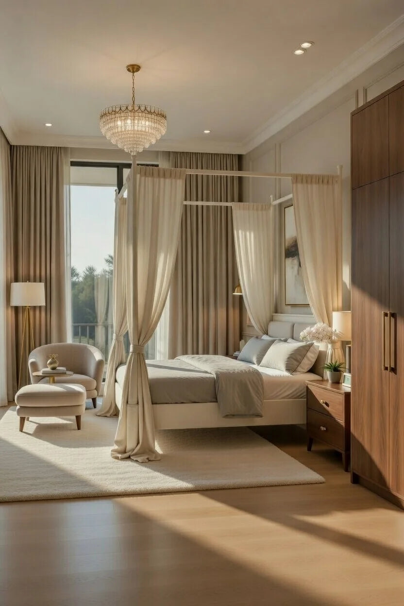 Minimalist floating canopy bed frame with elegant curtains on a low profile platform base