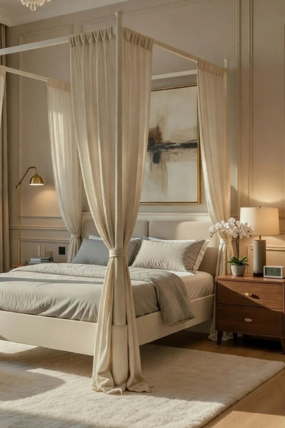 Front view of floating four poster canopy bed with upholstered platform frame and neutral bedding