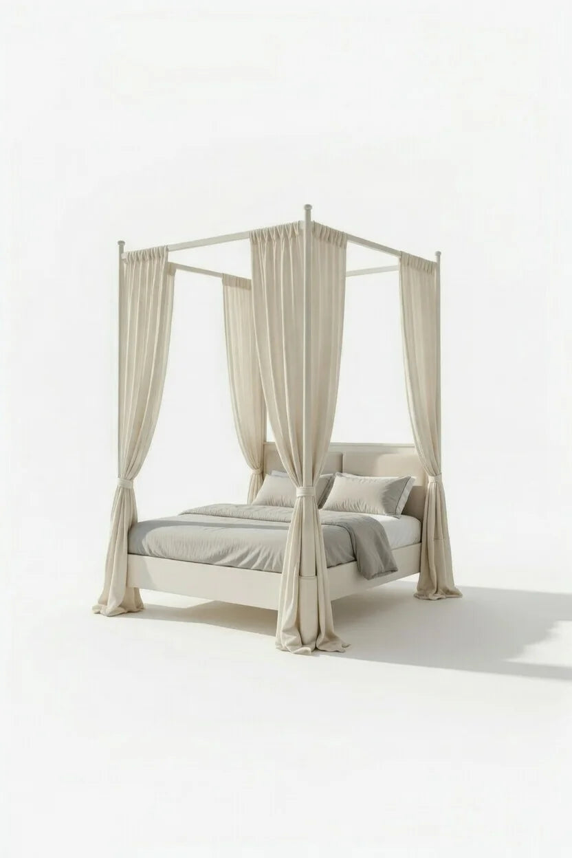 Contemporary floating canopy bed with fabric panels creating a soft enclosed sleeping space