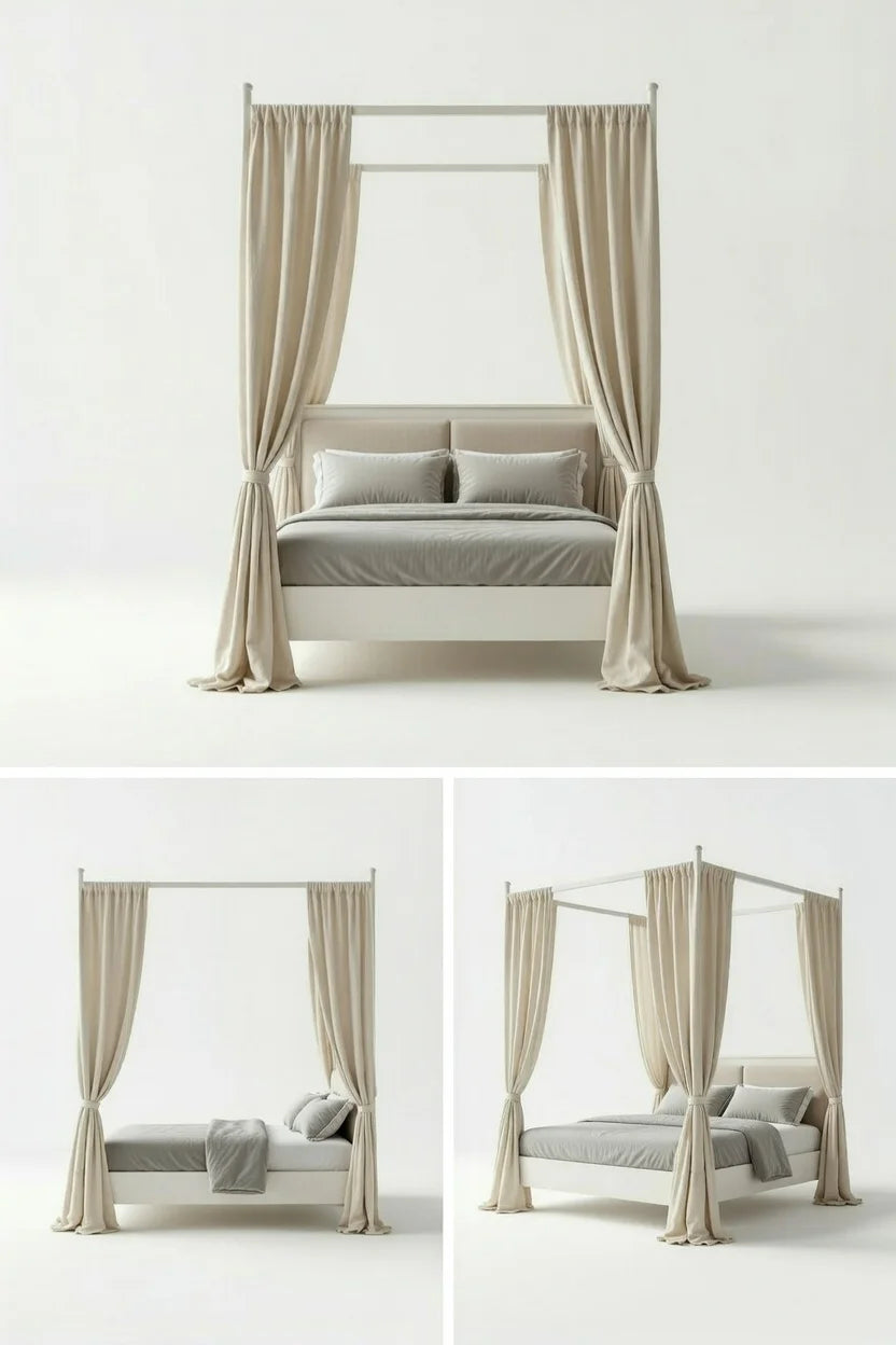 Elegant floating four poster bed in a modern master bedroom interior with large windows and chandelier